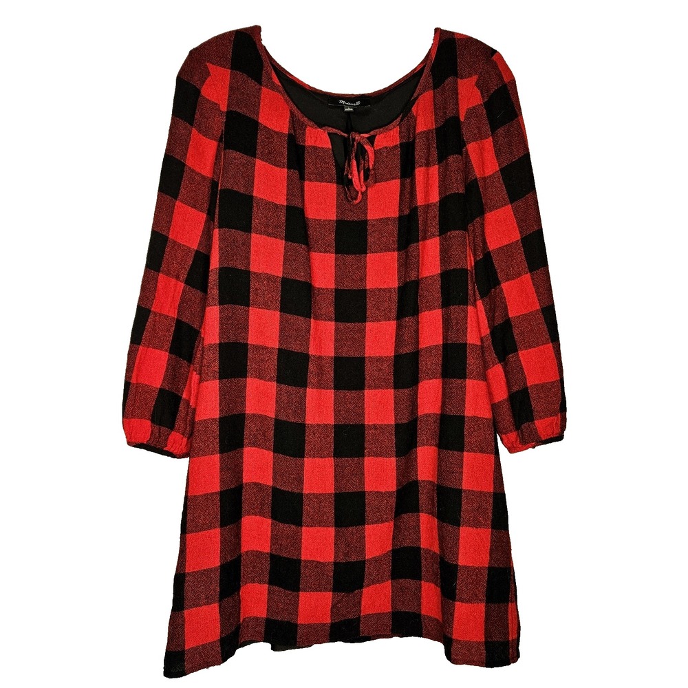 Madewell Women Shift Dress LARGE Red Black Buffalo Check Plaid Cabincore Cozy